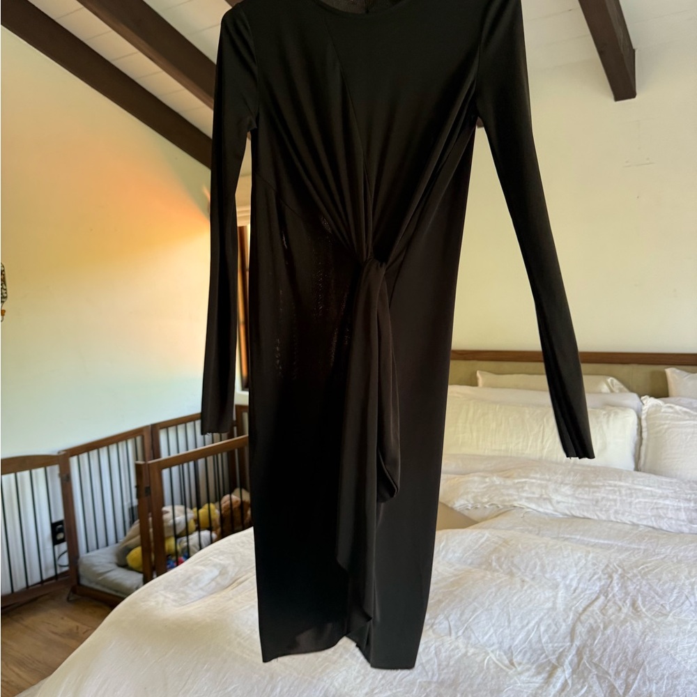 Zara Black Long Sleeve Dress with Tie Detail